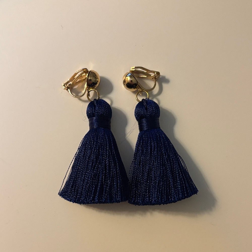 Navy Tassel CLIP ON Earrings